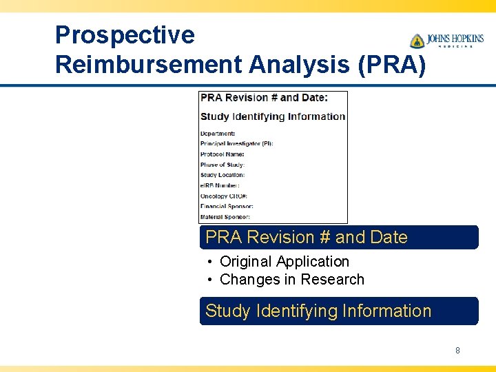 Prospective Reimbursement Analysis (PRA) PRA Revision # and Date • Original Application • Changes