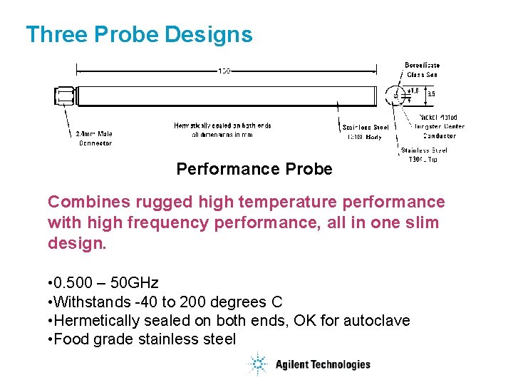 Three Probe Designs Performance Probe Combines rugged high temperature performance with high frequency performance,