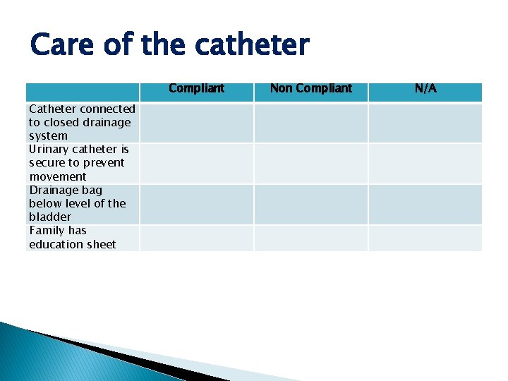 Care of the catheter Catheter connected to closed drainage system Urinary catheter is secure