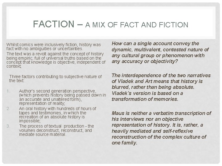 FACTION – A MIX OF FACT AND FICTION Whilst comics were inclusively fiction, history