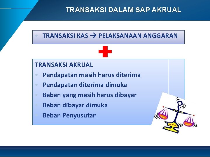 TRANSAKSI DALAM SAP AKRUAL • TRANSAKSI KAS PELAKSANAAN ANGGARAN TRANSAKSI AKRUAL • Pendapatan masih