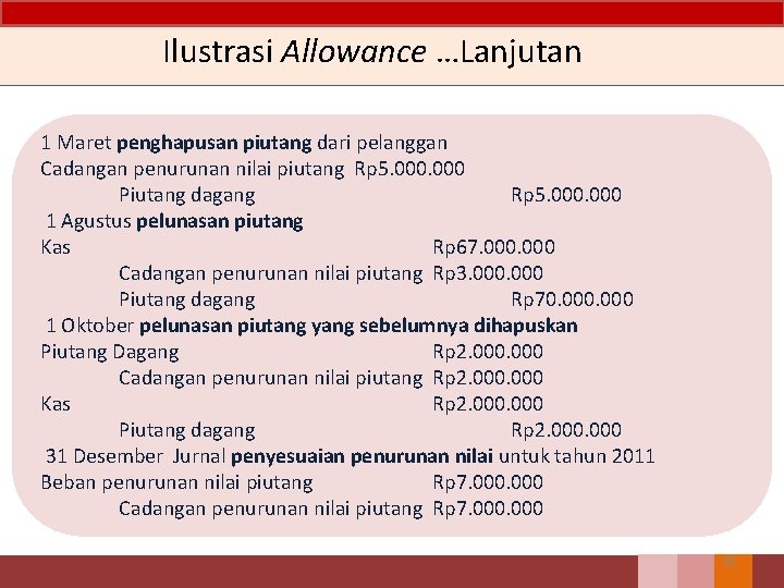 Ilustrasi Allowance …Lanjutan 1 Maret penghapusan piutang dari pelanggan Cadangan penurunan nilai piutang Rp