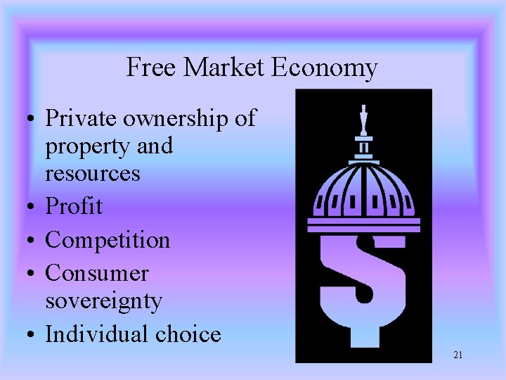 Free Market Economy • Private ownership of property and resources • Profit • Competition