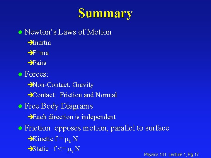 Summary l Newton’s Laws of Motion èInertia èF=ma èPairs l Forces: èNon-Contact: Gravity èContact: