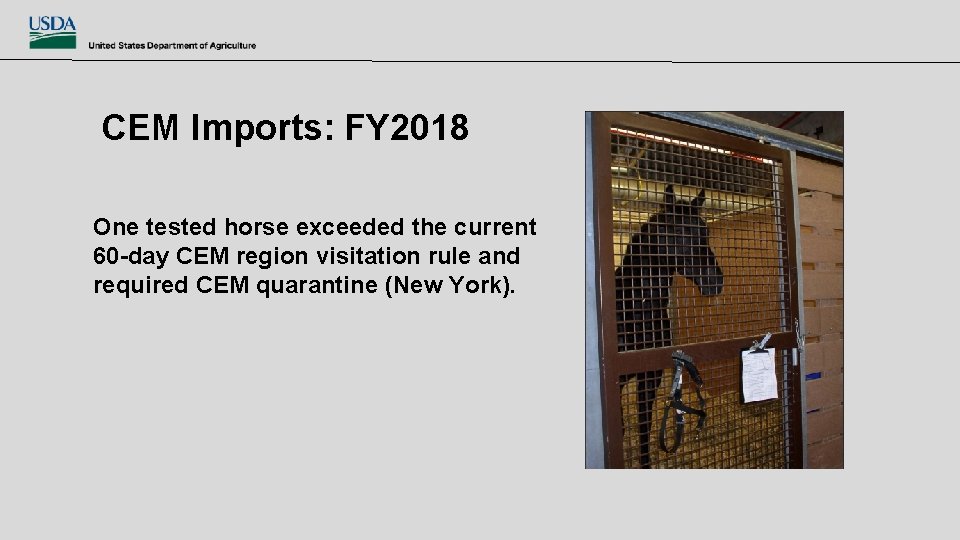CEM Imports: FY 2018 One tested horse exceeded the current 60 -day CEM region