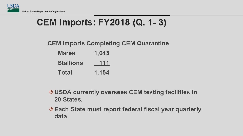 CEM Imports: FY 2018 (Q. 1 - 3) CEM Imports Completing CEM Quarantine Mares