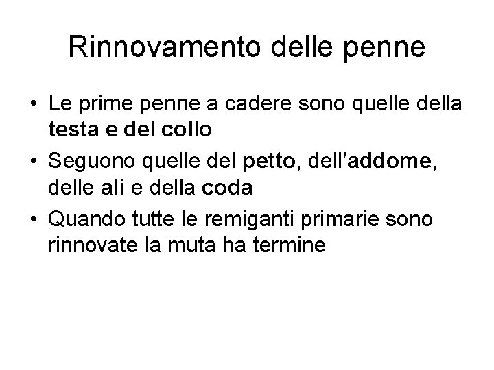 Rinnovamento delle penne • Le prime penne a cadere sono quelle della testa e