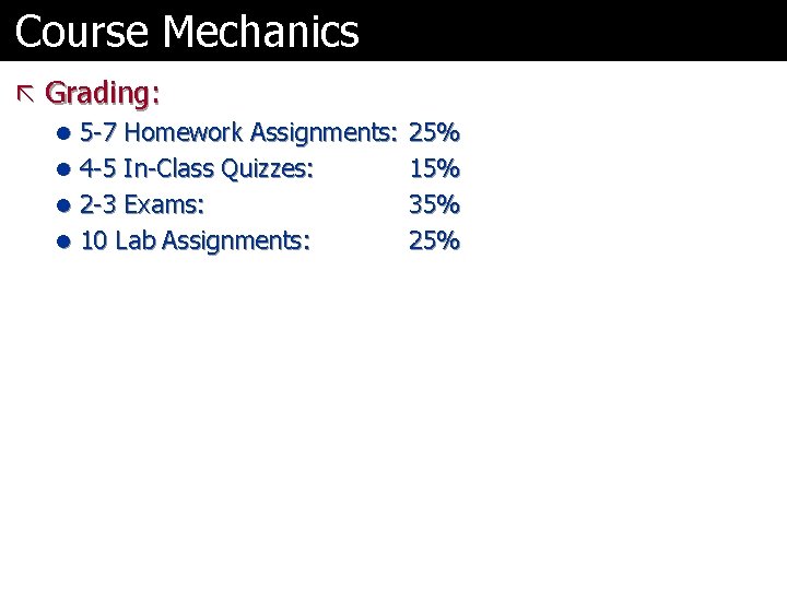 Course Mechanics ã Grading: l 5 -7 Homework Assignments: 25% l 4 -5 In-Class
