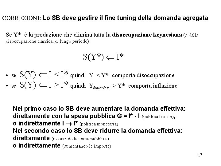 CORREZIONI: Lo SB deve gestire il fine tuning della domanda agregata Se Y* è