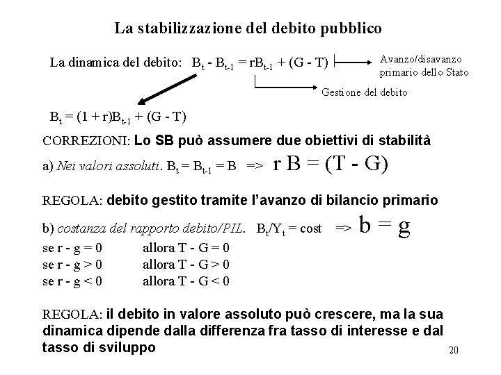 La stabilizzazione del debito pubblico Avanzo/disavanzo primario dello Stato La dinamica del debito: Bt