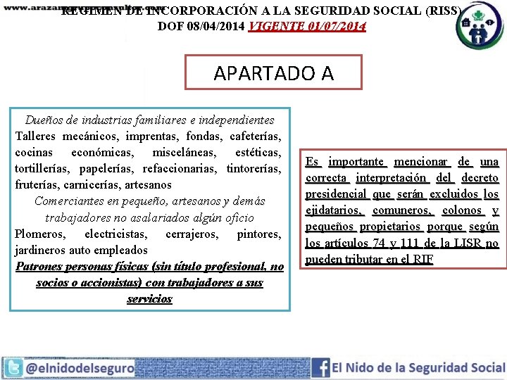 REGIMEN DE INCORPORACIÓN A LA SEGURIDAD SOCIAL (RISS) DOF 08/04/2014 VIGENTE 01/07/2014 APARTADO A