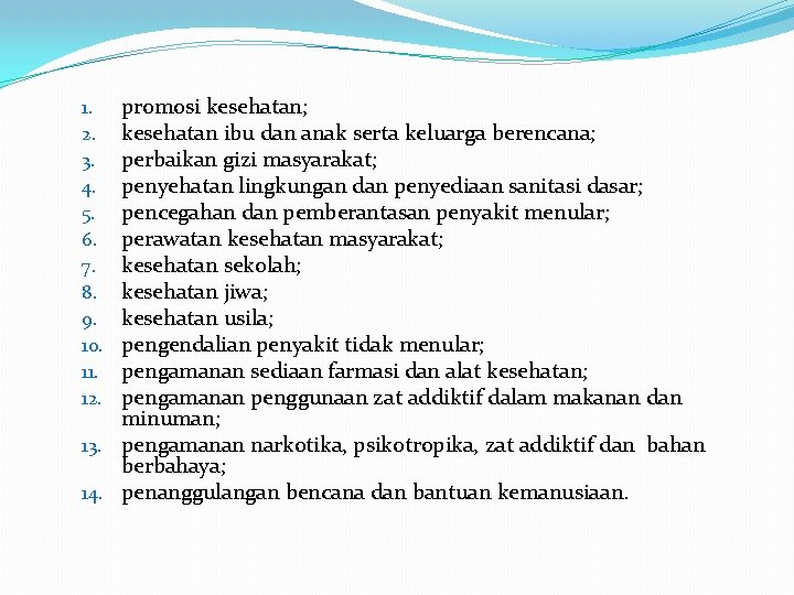 promosi kesehatan; kesehatan ibu dan anak serta keluarga berencana; perbaikan gizi masyarakat; penyehatan lingkungan