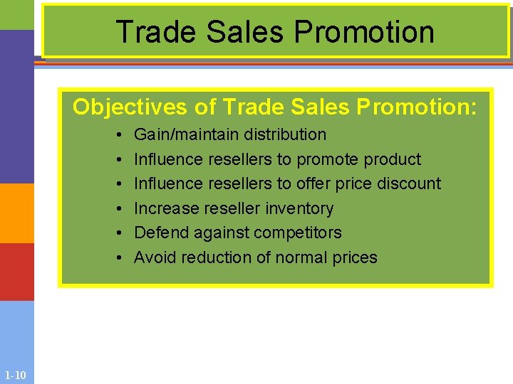Trade Sales Promotion Objectives of Trade Sales Promotion: • • • 1 -10 Gain/maintain Trade Sales Promotion Objectives of Trade Sales Promotion: • • • 1 -10 Gain/maintain