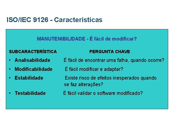 ISO/IEC 9126 - Características MANUTENIBILIDADE - É fácil de modificar? SUBCARACTERÍSTICA PERGUNTA CHAVE •