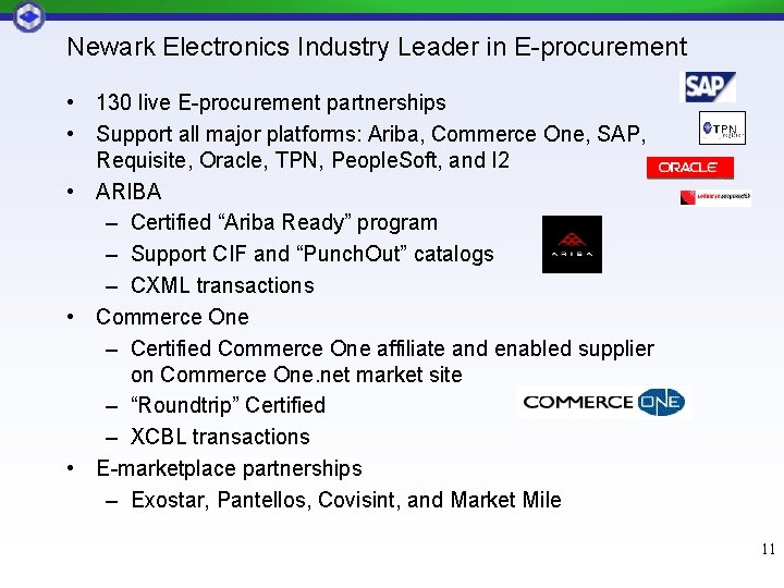 Newark Electronics Industry Leader in E-procurement • 130 live E-procurement partnerships • Support all Newark Electronics Industry Leader in E-procurement • 130 live E-procurement partnerships • Support all