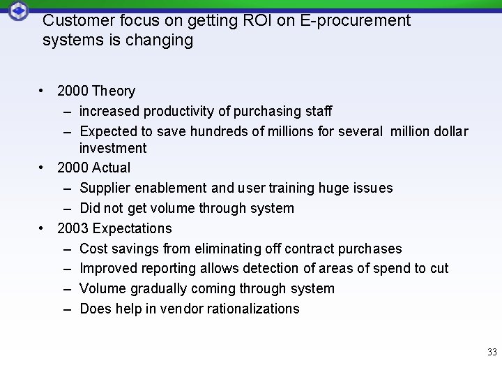 Customer focus on getting ROI on E-procurement systems is changing • 2000 Theory – Customer focus on getting ROI on E-procurement systems is changing • 2000 Theory –
