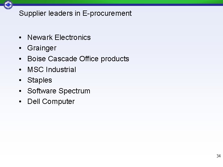 Supplier leaders in E-procurement • • Newark Electronics Grainger Boise Cascade Office products MSC Supplier leaders in E-procurement • • Newark Electronics Grainger Boise Cascade Office products MSC