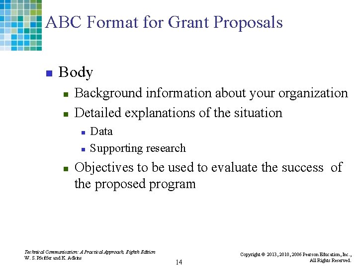 ABC Format for Grant Proposals n Body n n Background information about your organization