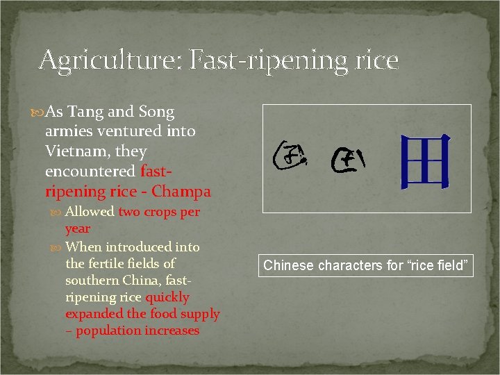 Agriculture: Fast-ripening rice As Tang and Song armies ventured into Vietnam, they encountered fastripening