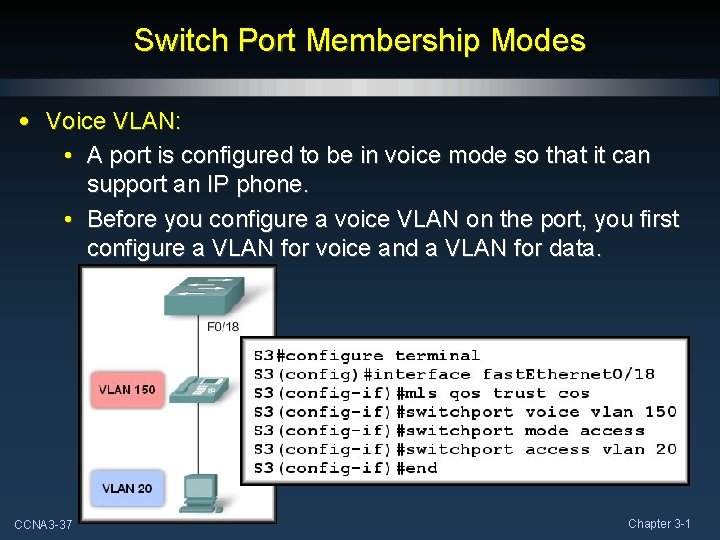 Switch Port Membership Modes • Voice VLAN: • A port is configured to be