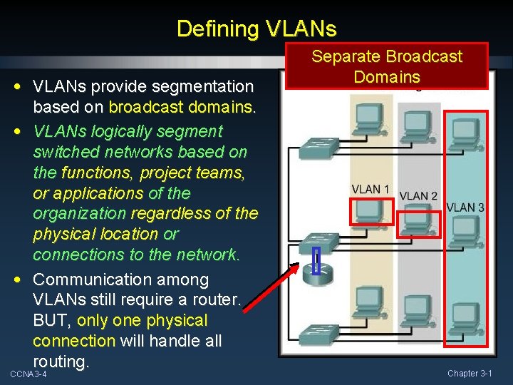 Defining VLANs • VLANs provide segmentation based on broadcast domains. • VLANs logically segment