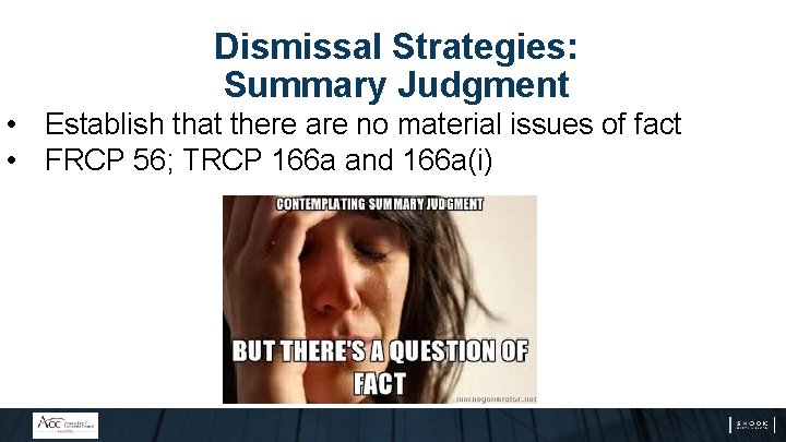 Dismissal Strategies: Summary Judgment • Establish that there are no material issues of fact Dismissal Strategies: Summary Judgment • Establish that there are no material issues of fact