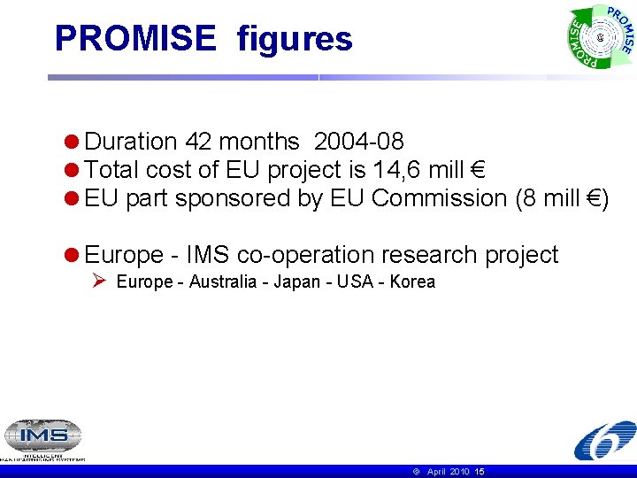 PROMISE figures Duration 42 months 2004 -08 Total cost of EU project is 14,