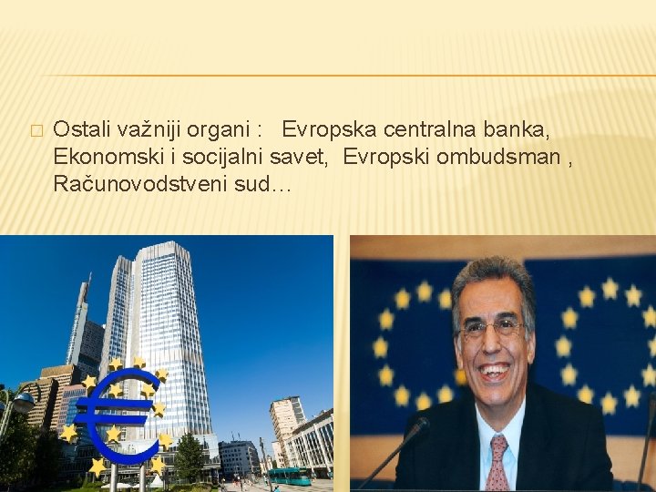 � Ostali važniji organi : Evropska centralna banka, Ekonomski i socijalni savet, Evropski ombudsman