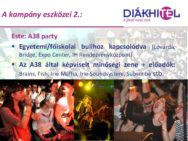 A kampány eszközei 2. : Este: A 38 party § Egyetemi/főiskolai bulihoz kapcsolódva (Lovarda,