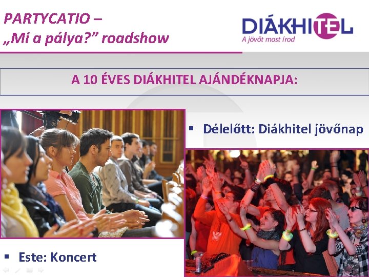 PARTYCATIO – „Mi a pálya? ” roadshow A 10 ÉVES DIÁKHITEL AJÁNDÉKNAPJA: § Délelőtt: