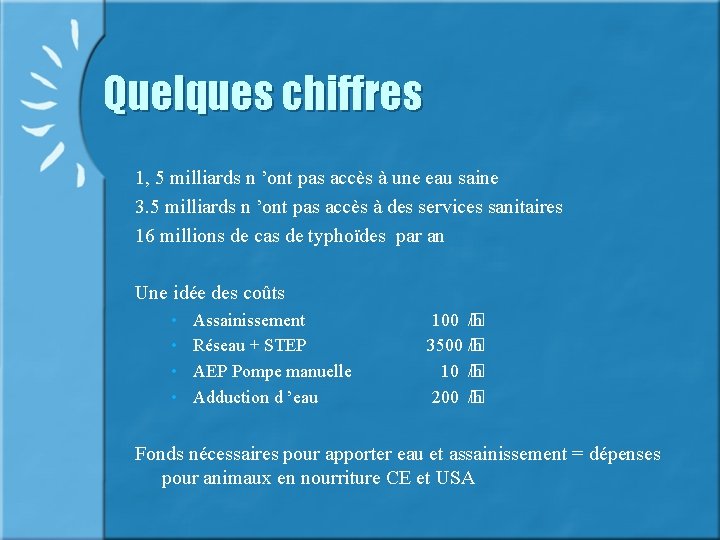 Quelques chiffres 1, 5 milliards n ’ont pas accès à une eau saine 3.