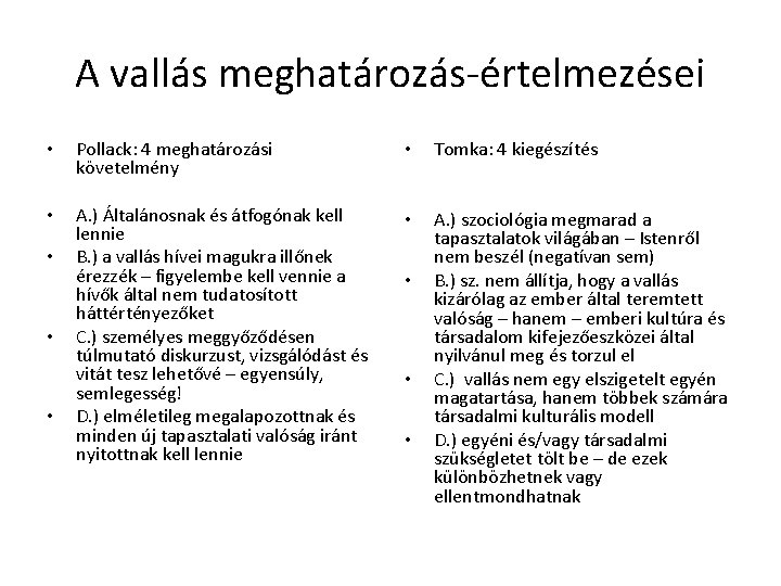 A vallás meghatározás-értelmezései • Pollack: 4 meghatározási követelmény • Tomka: 4 kiegészítés • A.