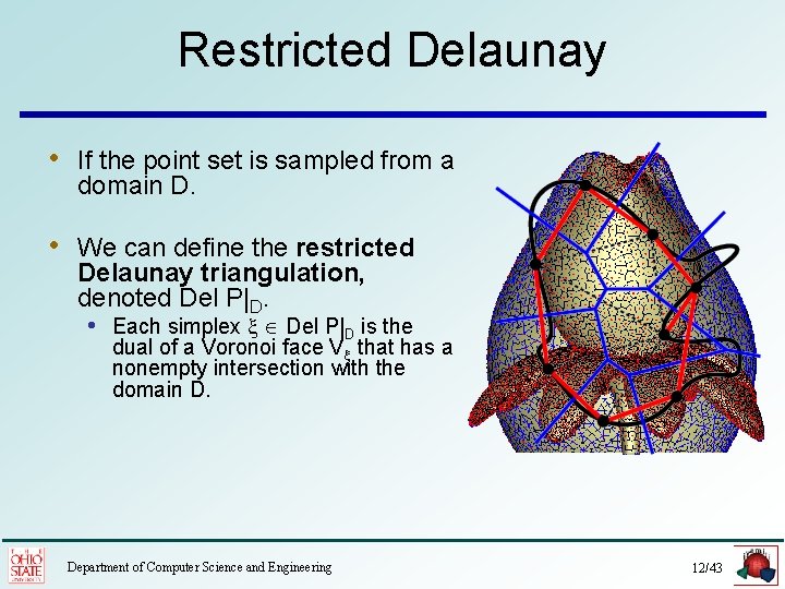 Restricted Delaunay • If the point set is sampled from a domain D. •