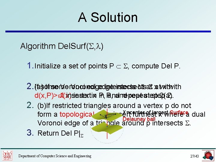 A Solution Algorithm Del. Surf(S, l) 1. Initialize a set of points P S,