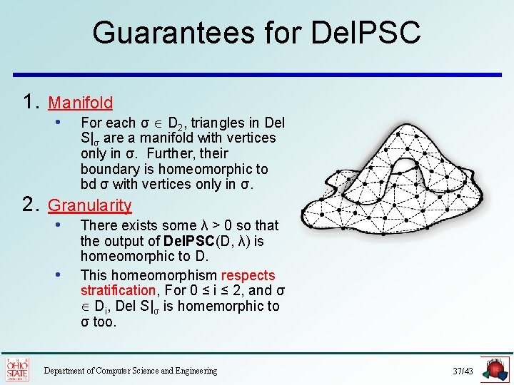 Guarantees for Del. PSC 1. Manifold • For each σ D 2, triangles in