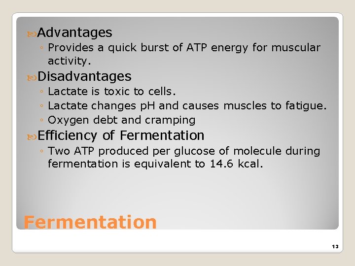  Advantages ◦ Provides a quick burst of ATP energy for muscular activity. Disadvantages