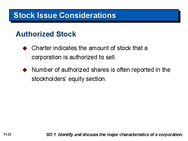 Stock Issue Considerations Authorized Stock 11 -22 u Charter indicates the amount of stock