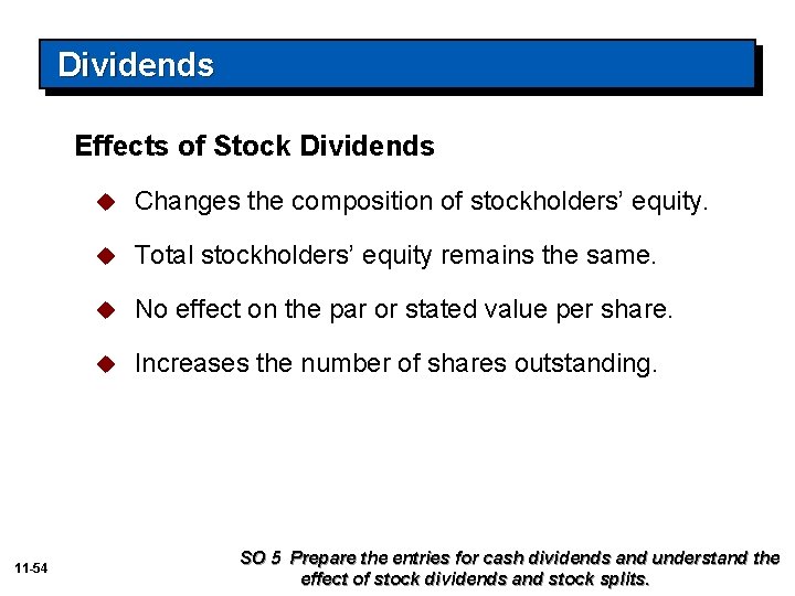 Dividends Effects of Stock Dividends 11 -54 u Changes the composition of stockholders’ equity.