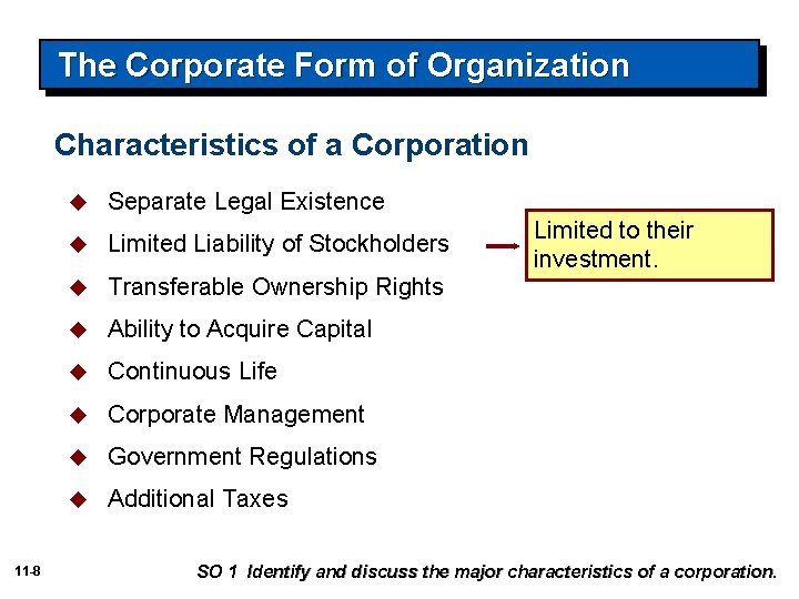 The Corporate Form of Organization Characteristics of a Corporation 11 -8 u Separate Legal