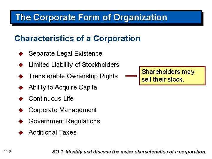 The Corporate Form of Organization Characteristics of a Corporation 11 -9 u Separate Legal