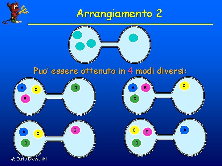 Arrangiamento 2 Puo’ essere ottenuto in 4 modi diversi: A C D B A