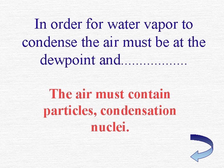 In order for water vapor to condense the air must be at the dewpoint