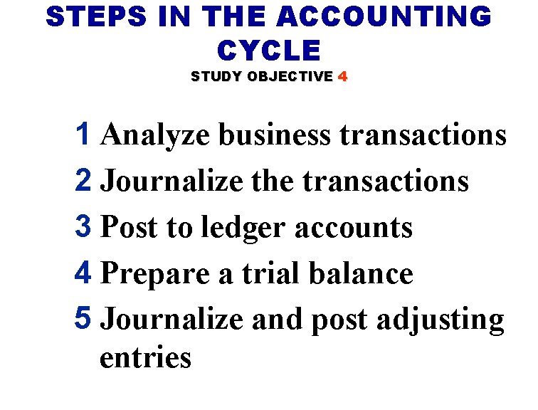 STEPS IN THE ACCOUNTING CYCLE STUDY OBJECTIVE 4 1 Analyze business transactions 2 Journalize