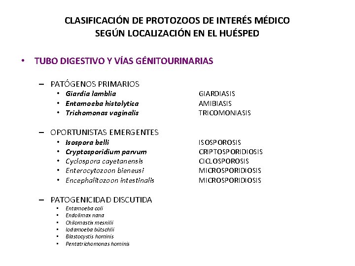 CLASIFICACIÓN DE PROTOZOOS DE INTERÉS MÉDICO SEGÚN LOCALIZACIÓN EN EL HUÉSPED • TUBO DIGESTIVO