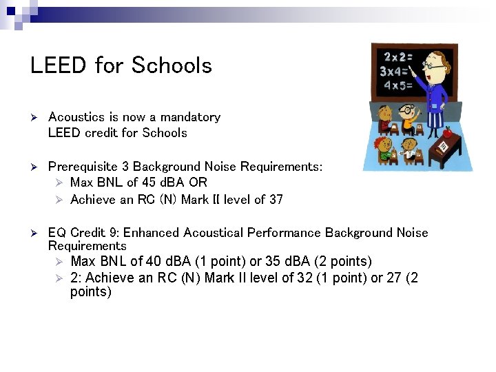 LEED for Schools Ø Acoustics is now a mandatory LEED credit for Schools Ø