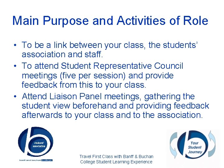 Main Purpose and Activities of Role • To be a link between your class,