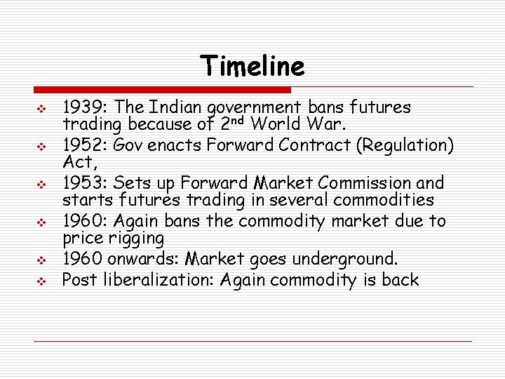 Timeline v v v 1939: The Indian government bans futures trading because of 2