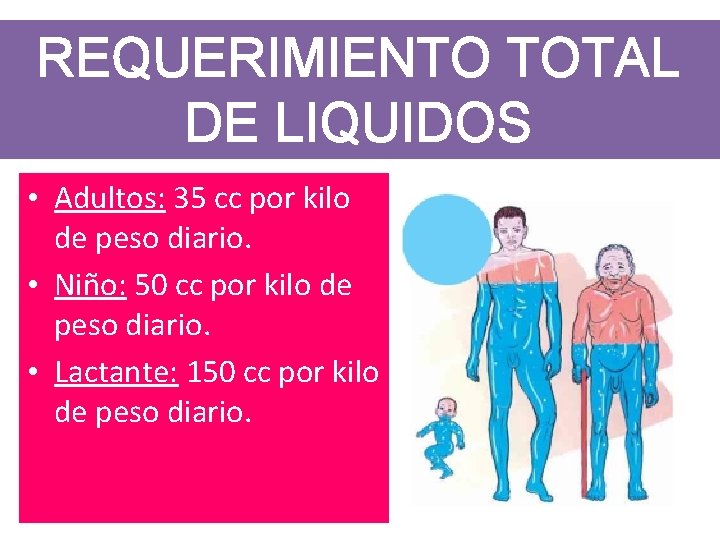 REQUERIMIENTO TOTAL DE LIQUIDOS • Adultos: 35 cc por kilo de peso diario. •