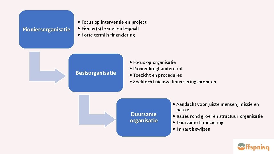 Pioniersorganisatie • Focus op interventie en project • Pionier(s) bouwt en bepaalt • Korte