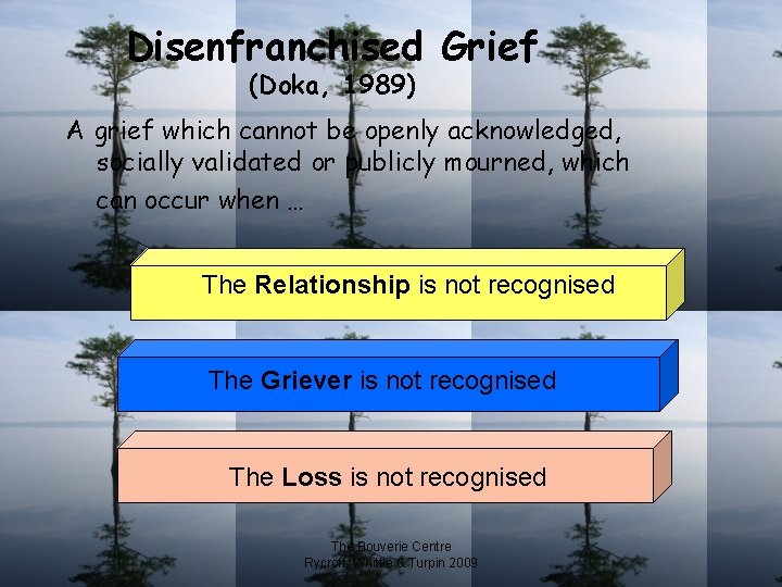 Disenfranchised Grief (Doka, 1989) A grief which cannot be openly acknowledged, socially validated or